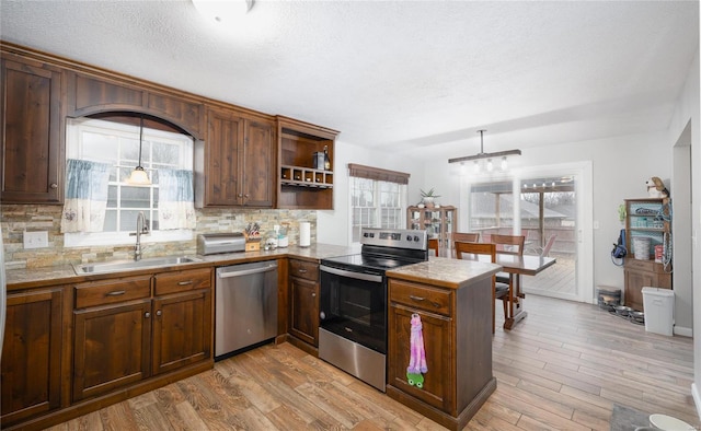 kitchen featuring appliances with stainless steel finishes, decorative light fixtures, sink, backsplash, and kitchen peninsula