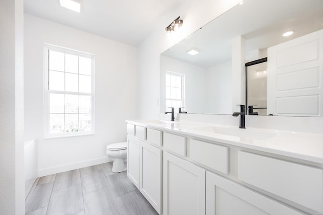 full bathroom featuring double vanity, toilet, baseboards, and a sink