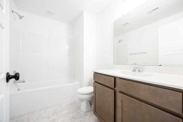 full bath with vanity, toilet, visible vents, and shower / washtub combination