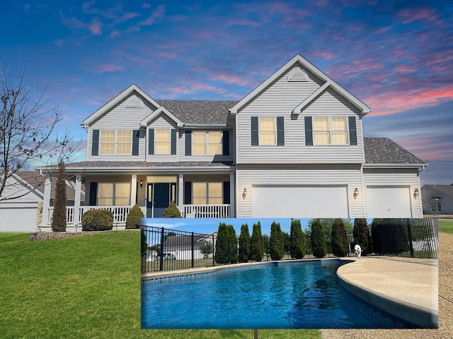 back of property at dusk featuring covered porch, a lawn, fence, and a fenced in pool