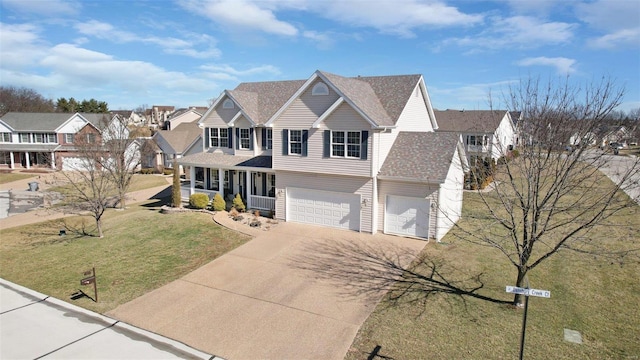 traditional-style house with covered porch, a shingled roof, concrete driveway, a residential view, and a front lawn