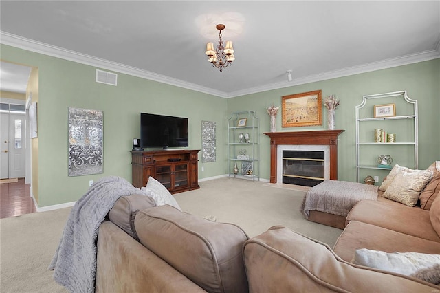 carpeted living room featuring visible vents, a chandelier, a fireplace with flush hearth, and ornamental molding