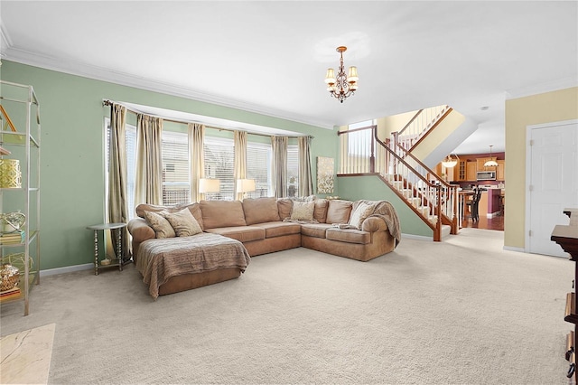 living area with a chandelier, carpet flooring, ornamental molding, and stairs