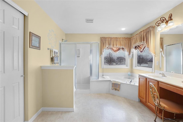 full bath with baseboards, visible vents, vanity, a shower stall, and a bath