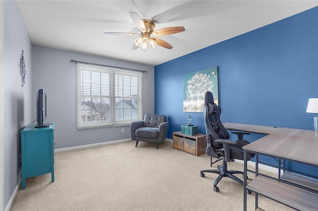 home office with ceiling fan, carpet, and baseboards