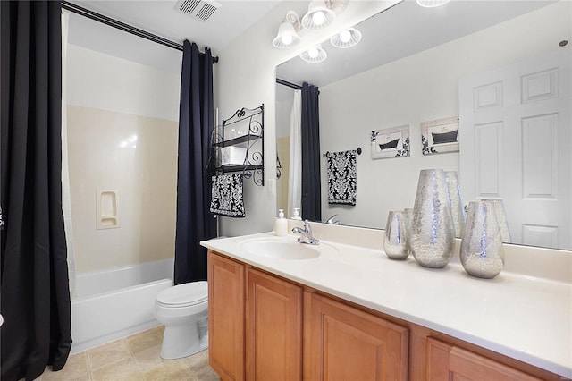 bathroom featuring tile patterned flooring, toilet, vanity, visible vents, and shower / bath combo with shower curtain