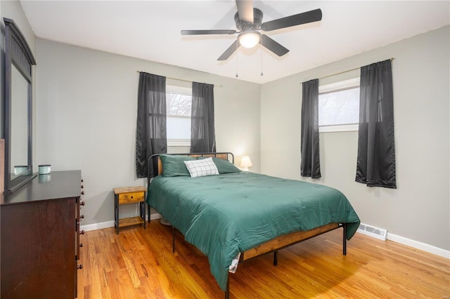 bedroom featuring light wood-type flooring, visible vents, baseboards, and multiple windows