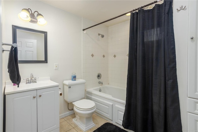 bathroom featuring shower / bath combination with curtain, vanity, toilet, and tile patterned floors