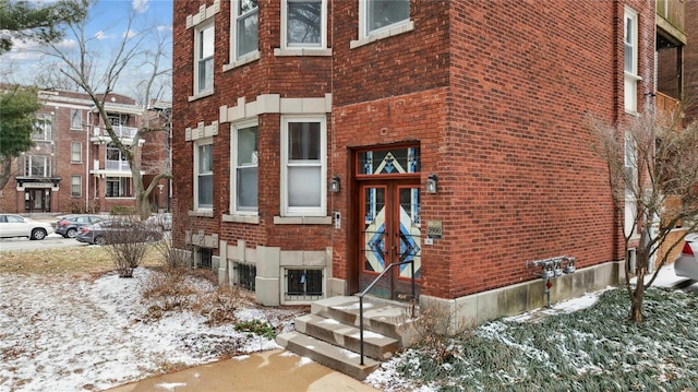 view of snow covered building