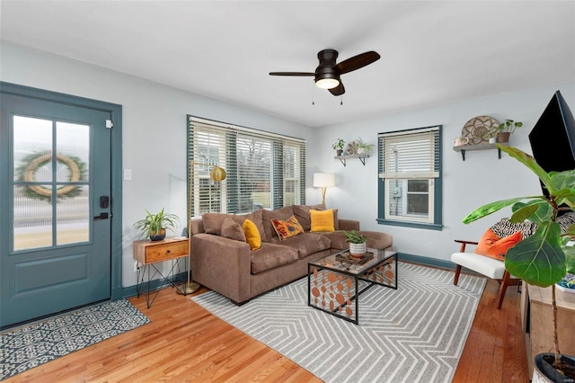 living room featuring ceiling fan and wood-type flooring