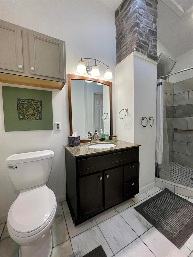 bathroom with vaulted ceiling, a shower stall, toilet, and vanity