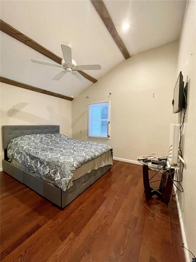 bedroom with dark wood-type flooring, vaulted ceiling with beams, baseboards, and ceiling fan