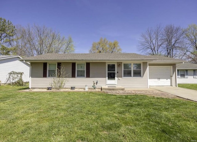 single story home featuring a front yard and a garage