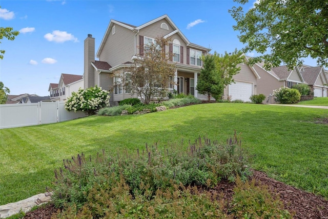 view of front of property featuring a garage, a chimney, a front yard, and fence