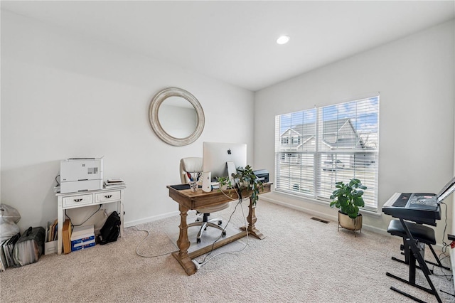 office space with carpet floors, baseboards, visible vents, and recessed lighting