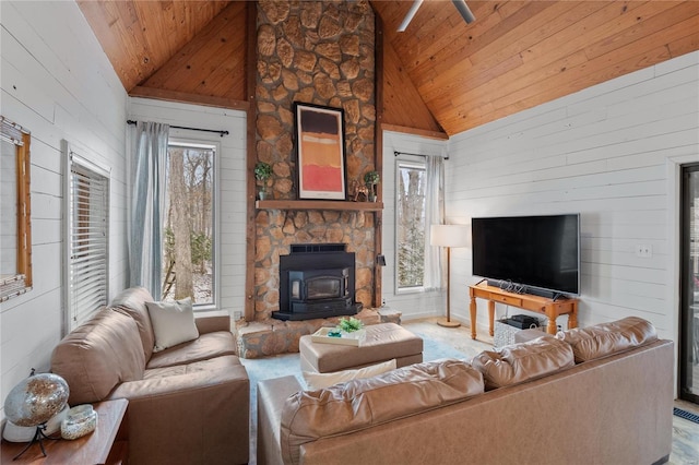 living area with high vaulted ceiling, wooden ceiling, wooden walls, and a wood stove