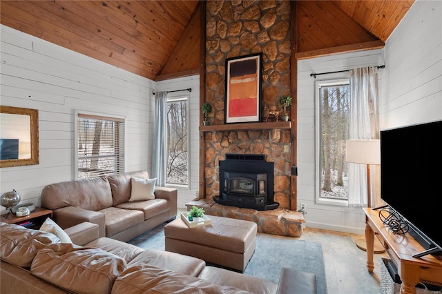 living room featuring high vaulted ceiling, a wood stove, wood ceiling, and wooden walls