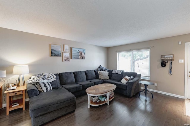 living room with dark hardwood / wood-style floors and a textured ceiling