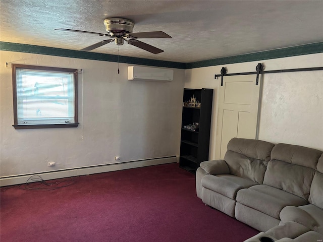 unfurnished living room featuring a baseboard heating unit, carpet, a wall mounted air conditioner, a textured ceiling, and a barn door