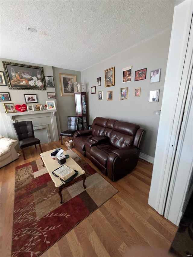 living area with a textured ceiling and wood finished floors