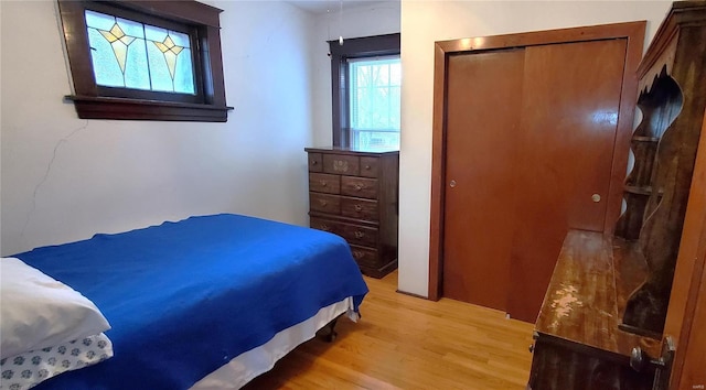 bedroom with a closet and light wood-type flooring