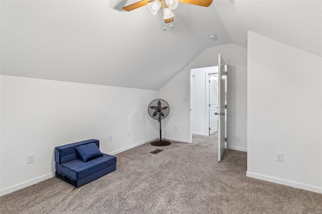 bonus room featuring ceiling fan, carpet floors, and vaulted ceiling