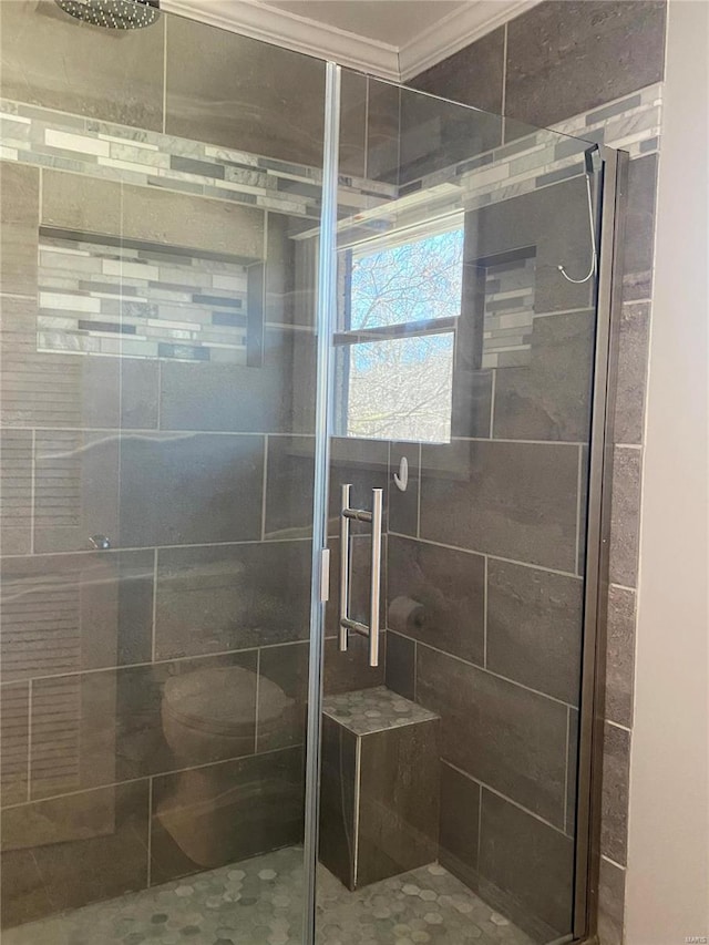 bathroom featuring a shower stall, toilet, and crown molding