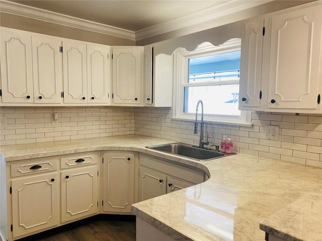 kitchen featuring a sink, light countertops, crown molding, and white cabinetry