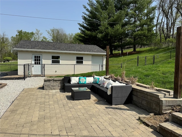 view of patio / terrace featuring fence, a gate, and outdoor lounge area