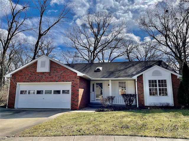 single story home with aphalt driveway, brick siding, and a porch