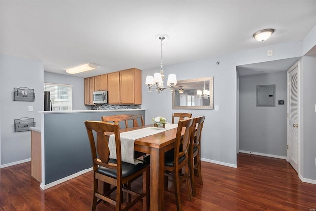 dining space with dark hardwood / wood-style flooring, electric panel, and an inviting chandelier