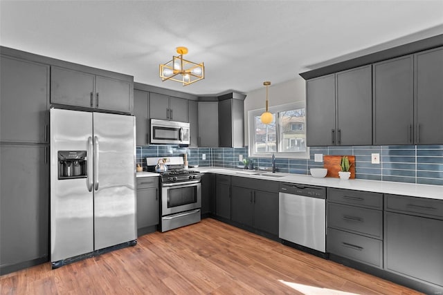 kitchen featuring light wood-style flooring, stainless steel appliances, a sink, light countertops, and tasteful backsplash