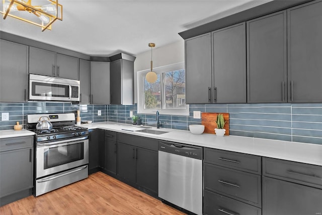 kitchen with stainless steel appliances, decorative backsplash, a sink, and gray cabinetry