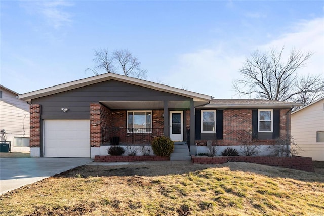 ranch-style home with an attached garage, covered porch, concrete driveway, and brick siding