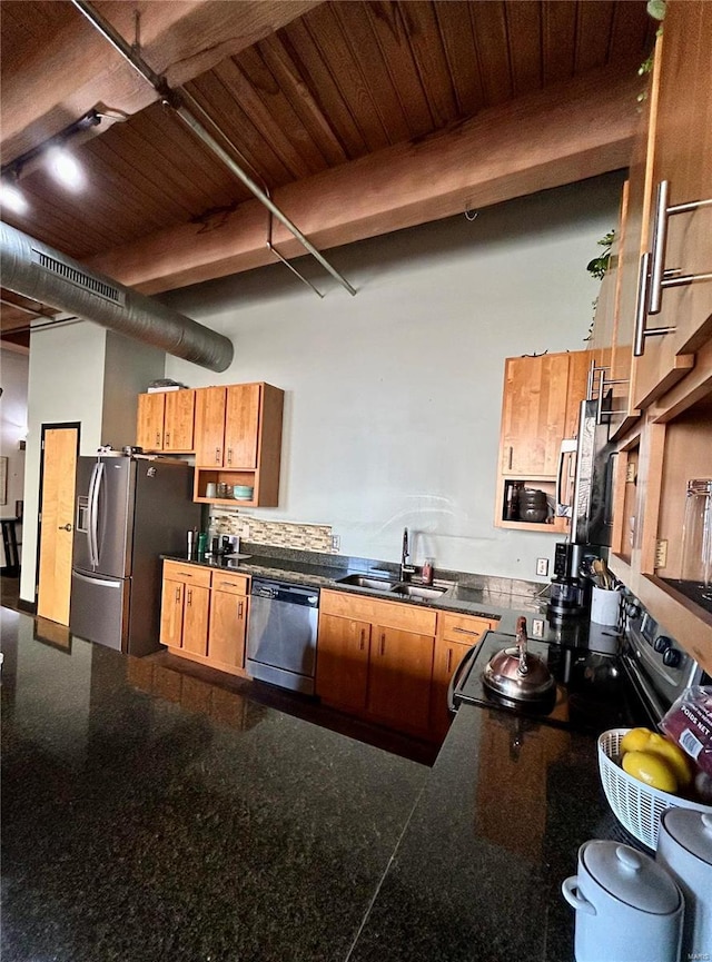 kitchen featuring sink, stainless steel appliances, tasteful backsplash, wooden ceiling, and beamed ceiling