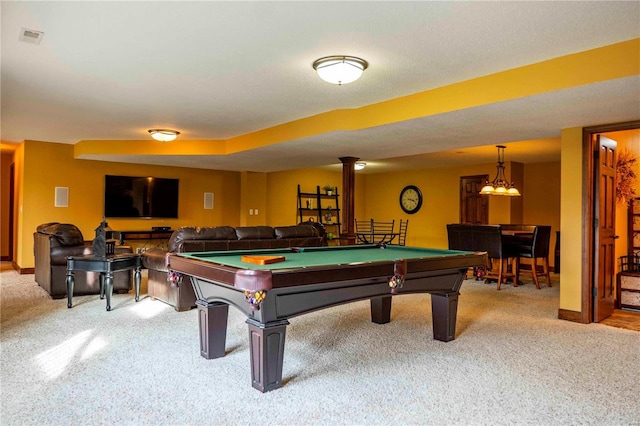 recreation room featuring pool table and carpet flooring