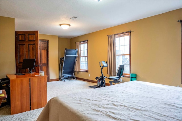 bedroom with light colored carpet