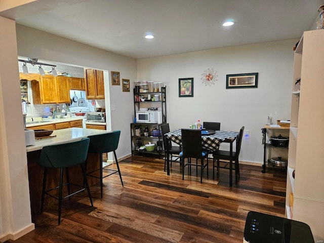 dining area featuring dark wood-type flooring