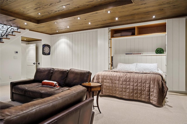 bedroom with recessed lighting, wooden ceiling, and light colored carpet