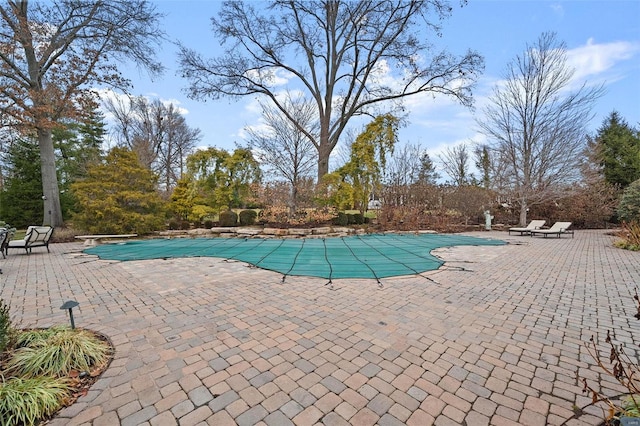 view of pool with a covered pool, a diving board, and a patio