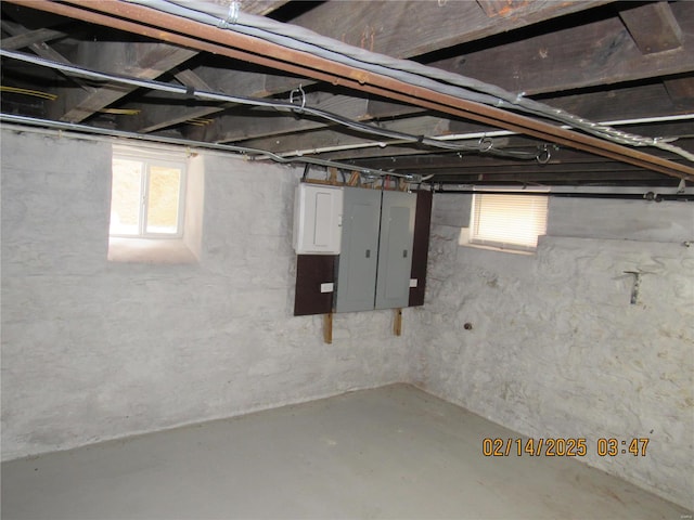 basement featuring plenty of natural light and electric panel