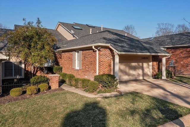 view of front of property with brick siding, an attached garage, concrete driveway, and roof with shingles