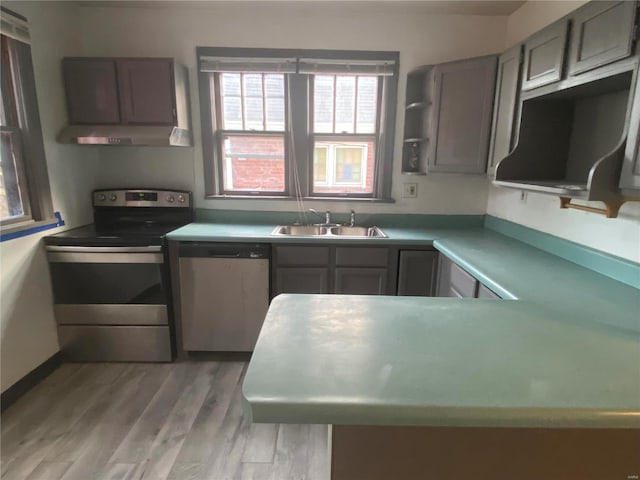 kitchen with sink, light hardwood / wood-style flooring, stainless steel appliances, and kitchen peninsula