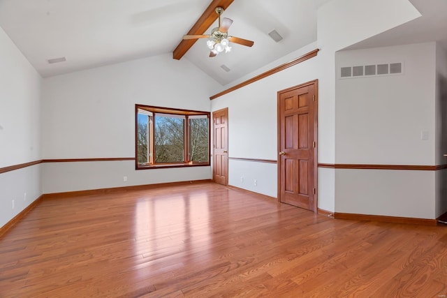 spare room with beam ceiling, baseboards, visible vents, and light wood finished floors