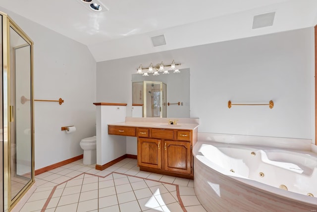 full bathroom featuring toilet, vaulted ceiling, a stall shower, tile patterned floors, and vanity