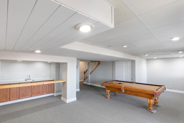 game room featuring recessed lighting, baseboards, carpet floors, and billiards