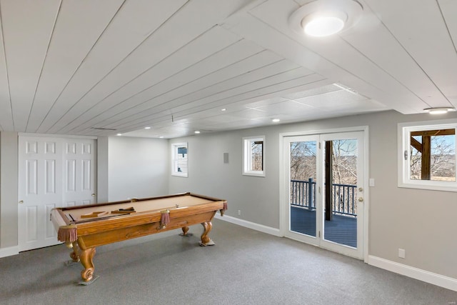 recreation room with baseboards, carpet floors, recessed lighting, wooden ceiling, and billiards