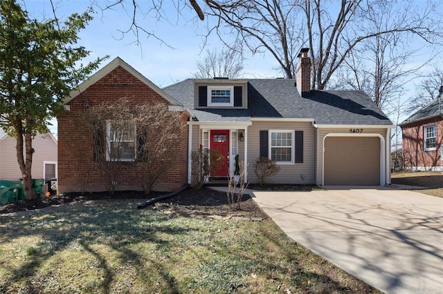 view of front facade featuring a garage, brick siding, concrete driveway, and a chimney