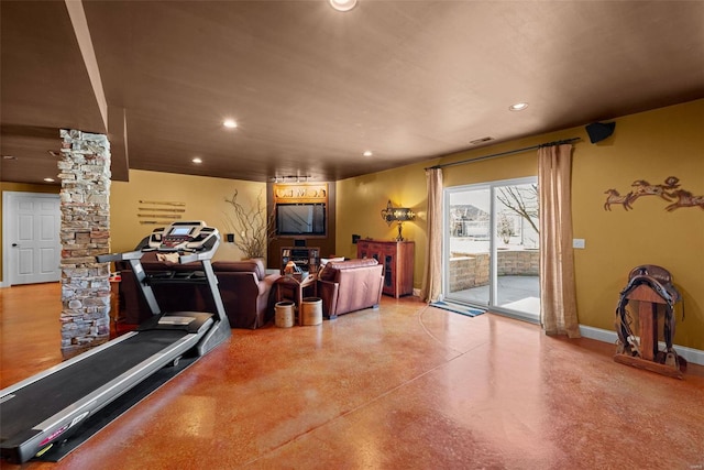 workout area featuring recessed lighting, decorative columns, and baseboards