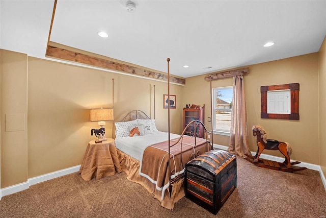 carpeted bedroom with recessed lighting and baseboards